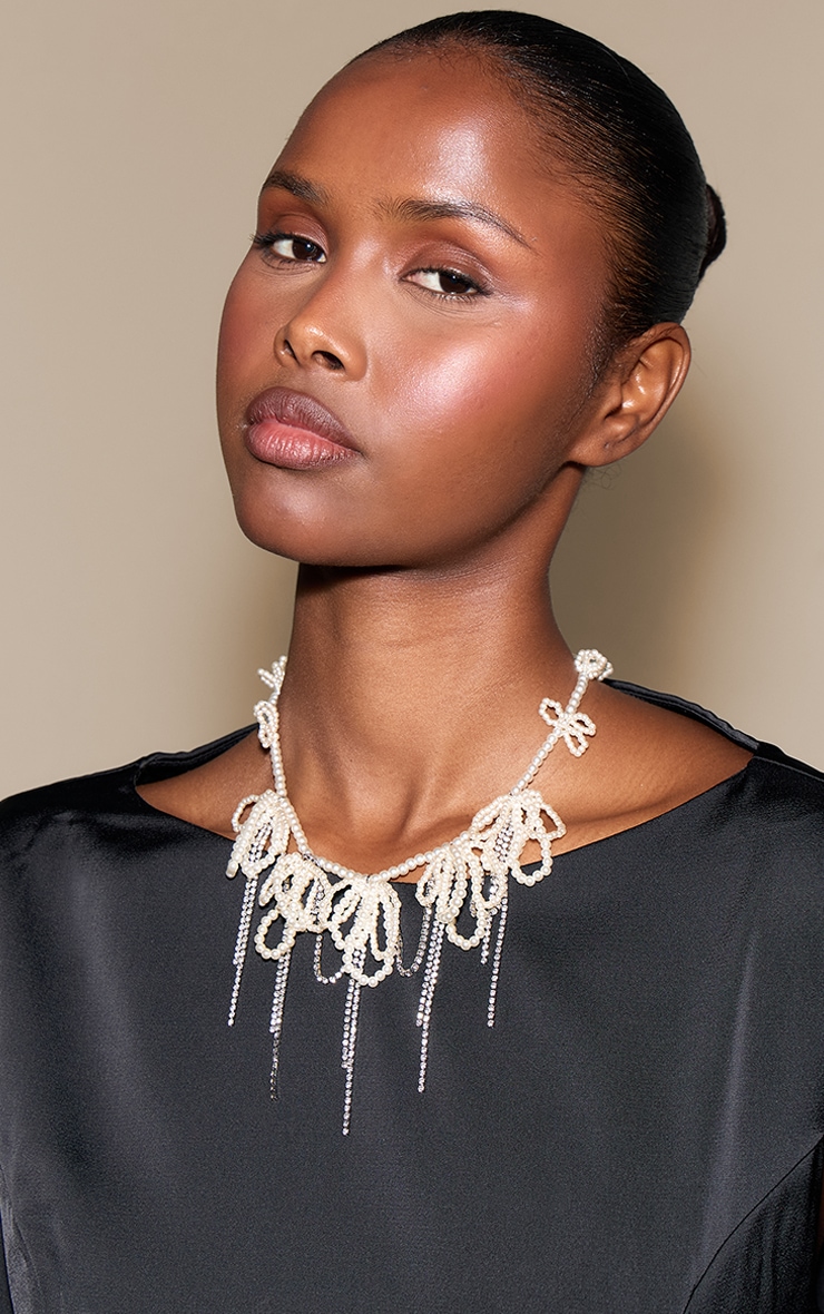 Silver Diamante Pearl Bow Statement Necklace image 1