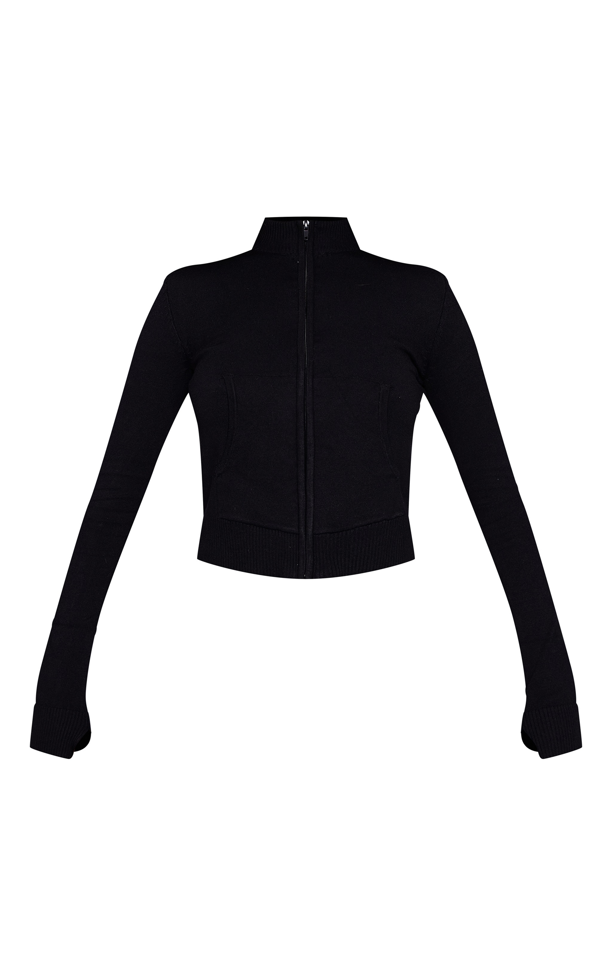 Black Fitted Zip Up Knit Cardigan image 5