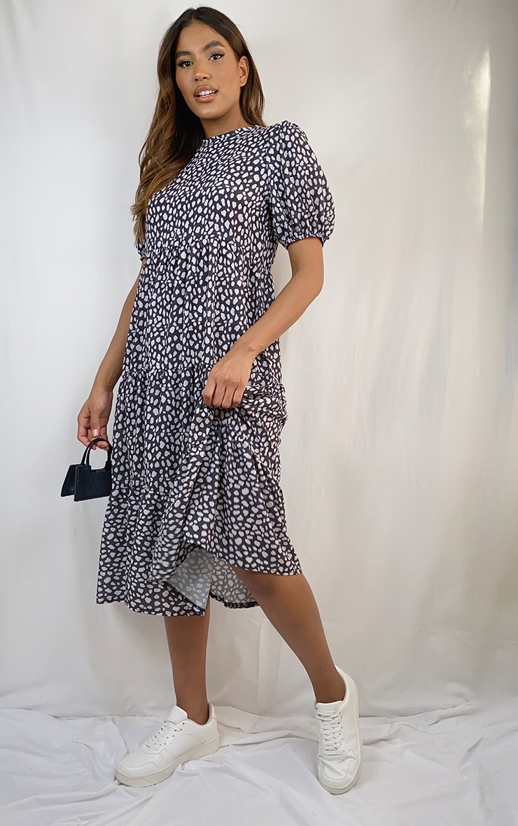 Black Dalmatian Print Puff Sleeve Tiered Hem Midi Smock Dress
