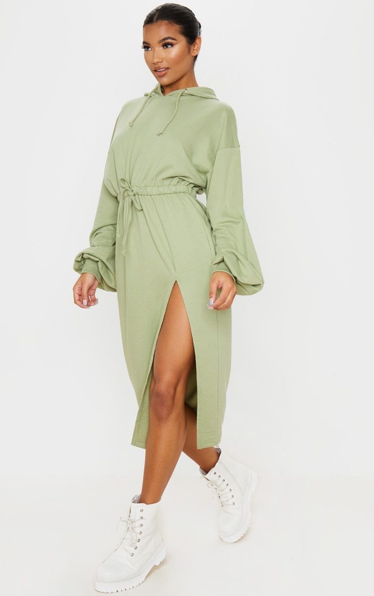 Sage Green Sweat Hoodie Split Midi Dress image 4