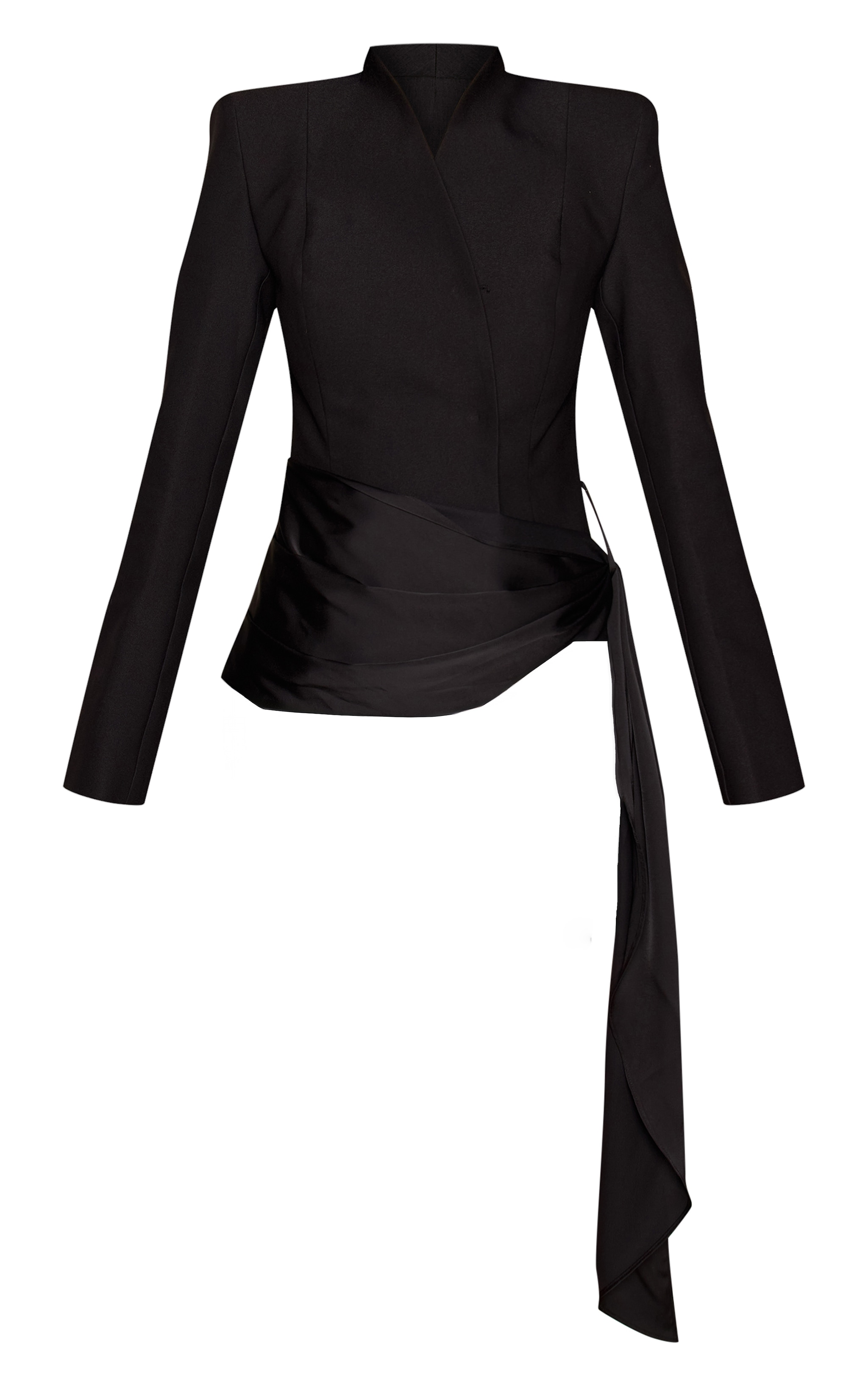 Black Woven Collarless Satin Drape Blazer image 5
