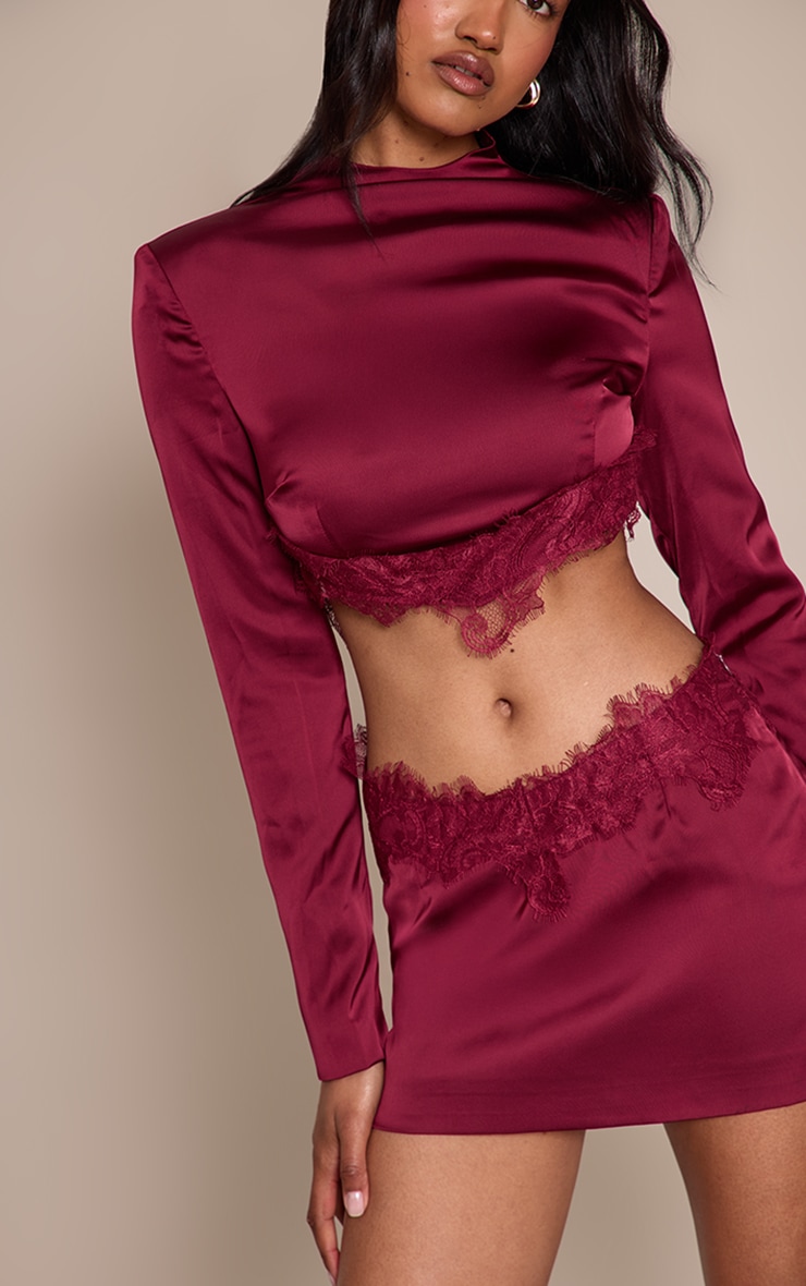 Burgundy Satin Lace Trim Mini Skirt image 2