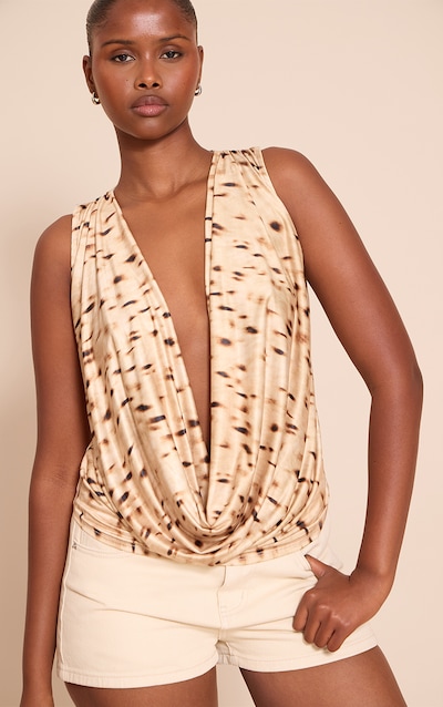 Stone Double Layer Animal Print Slinky Extreme Cowl Neck Top