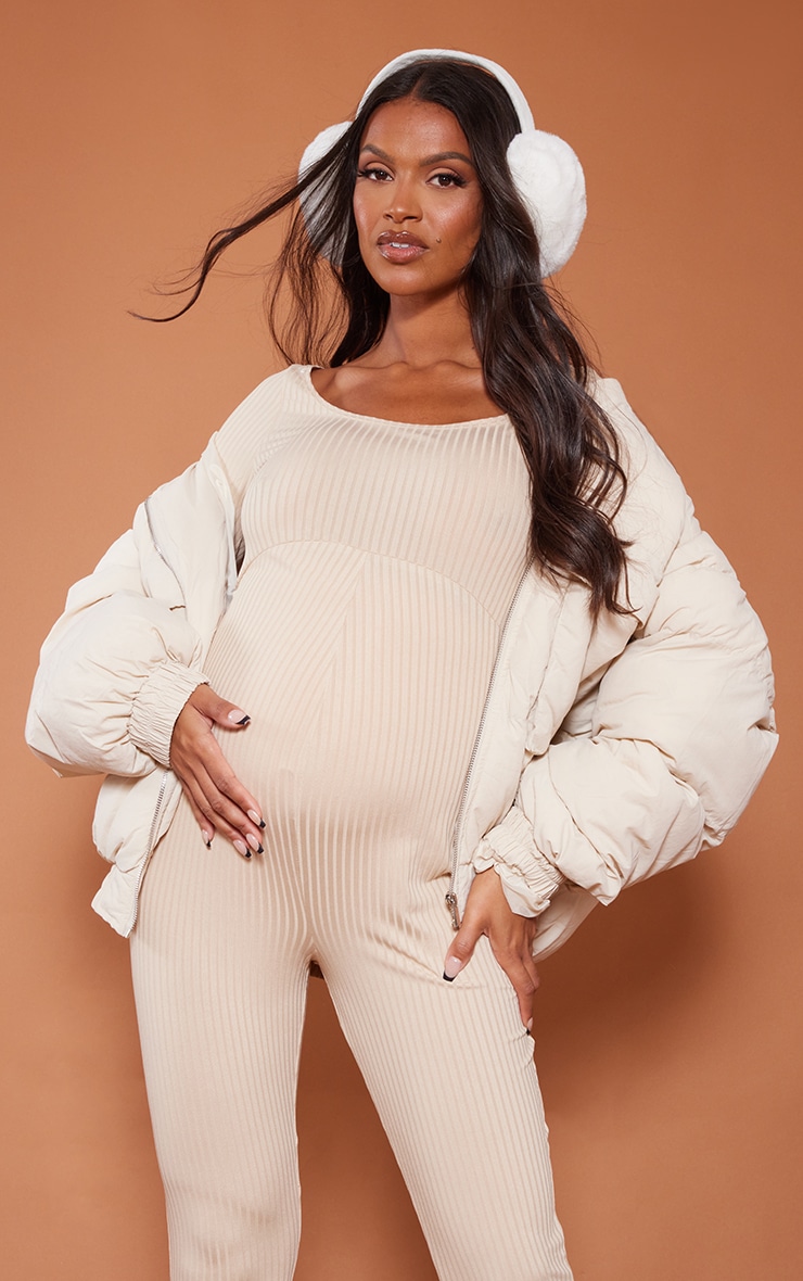 Maternity Beige Soft Rib Longsleeve Jumpsuit image 4