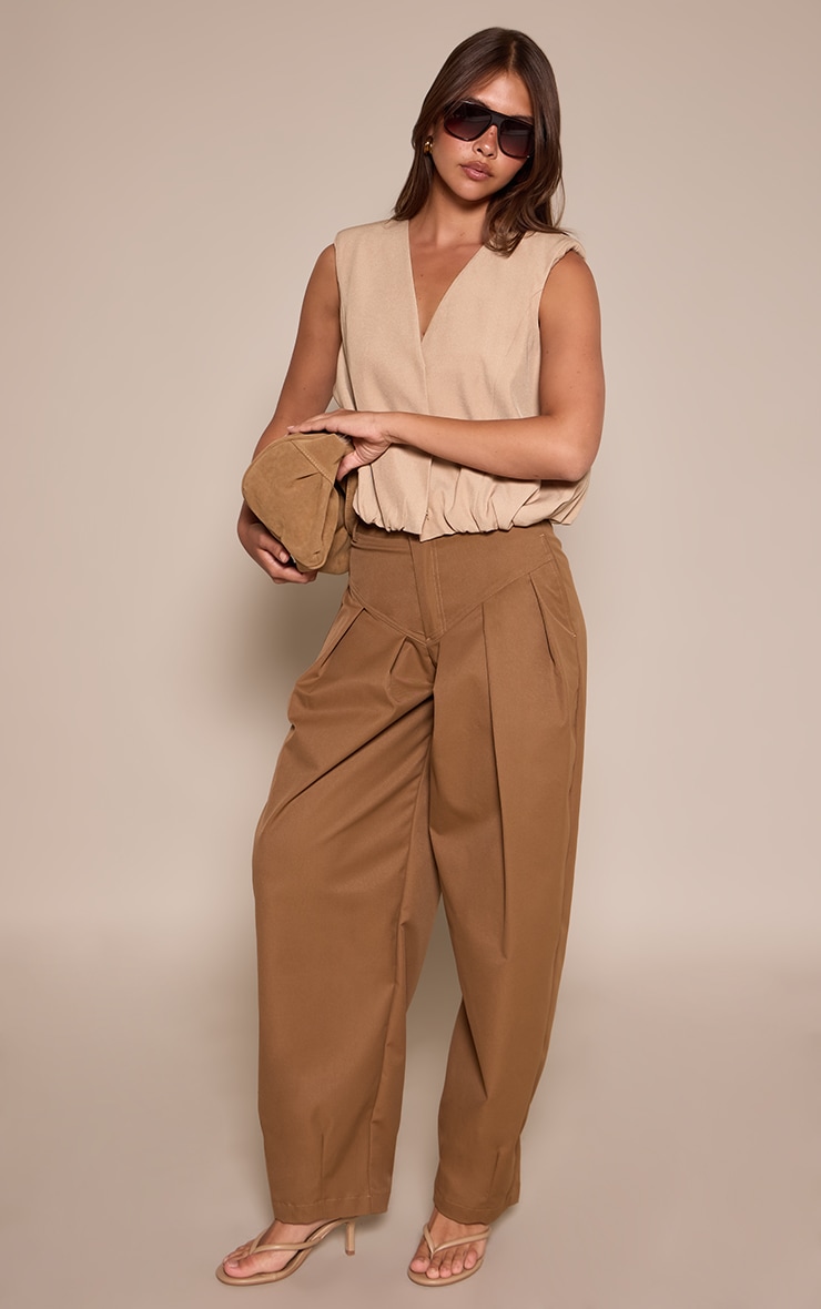 Camel Woven Pleated Balloon Pants