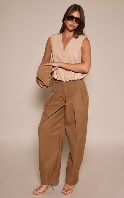 Camel Woven Pleated Balloon Trousers