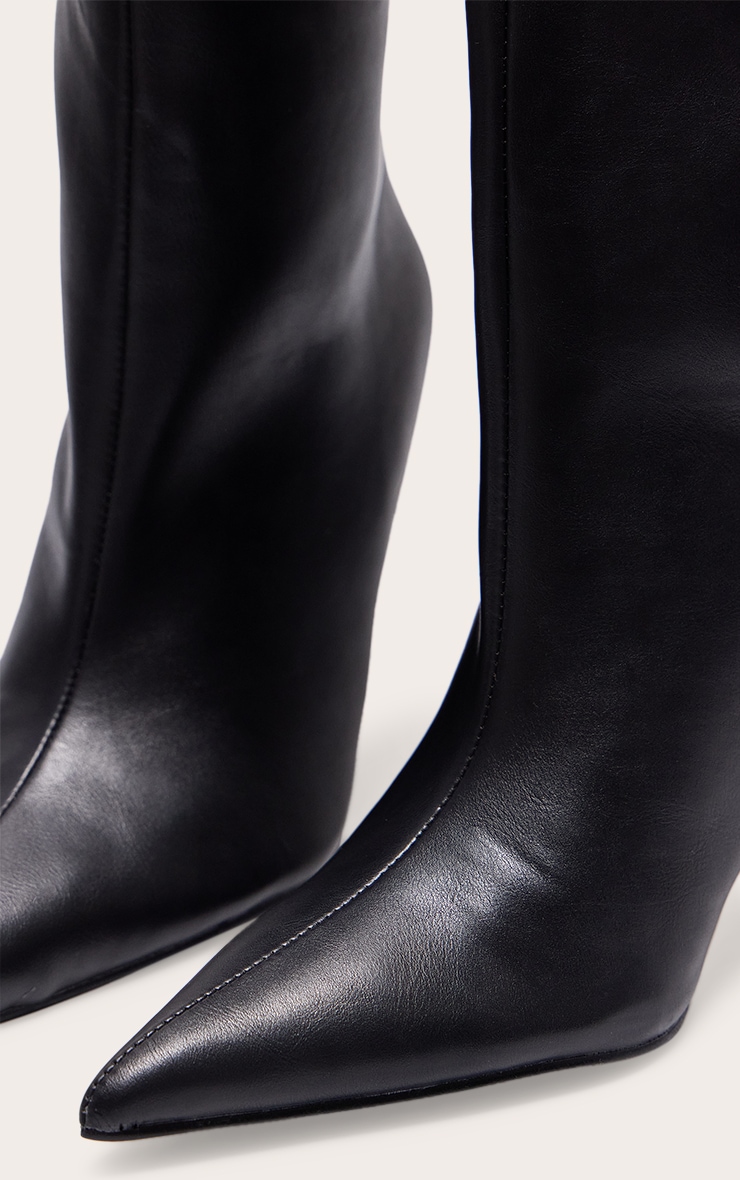 Black PU Point Toe Stiletto Knee High Heeled Boots image 5