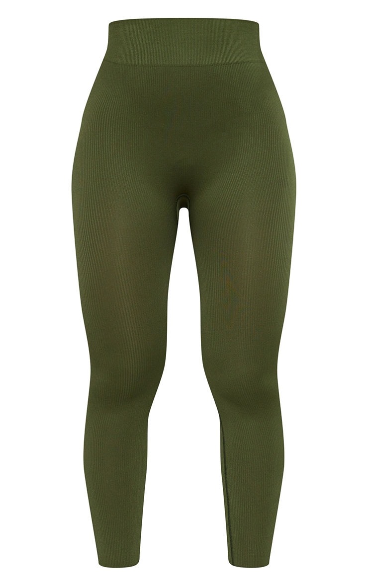 Khaki Seamless Rib Basic Branding Gym Leggings PrettyLittleThing USA