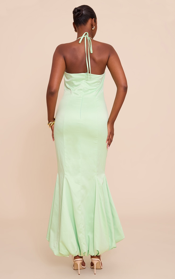 Green Satin Halterneck Puffball Maxi Dress image 2