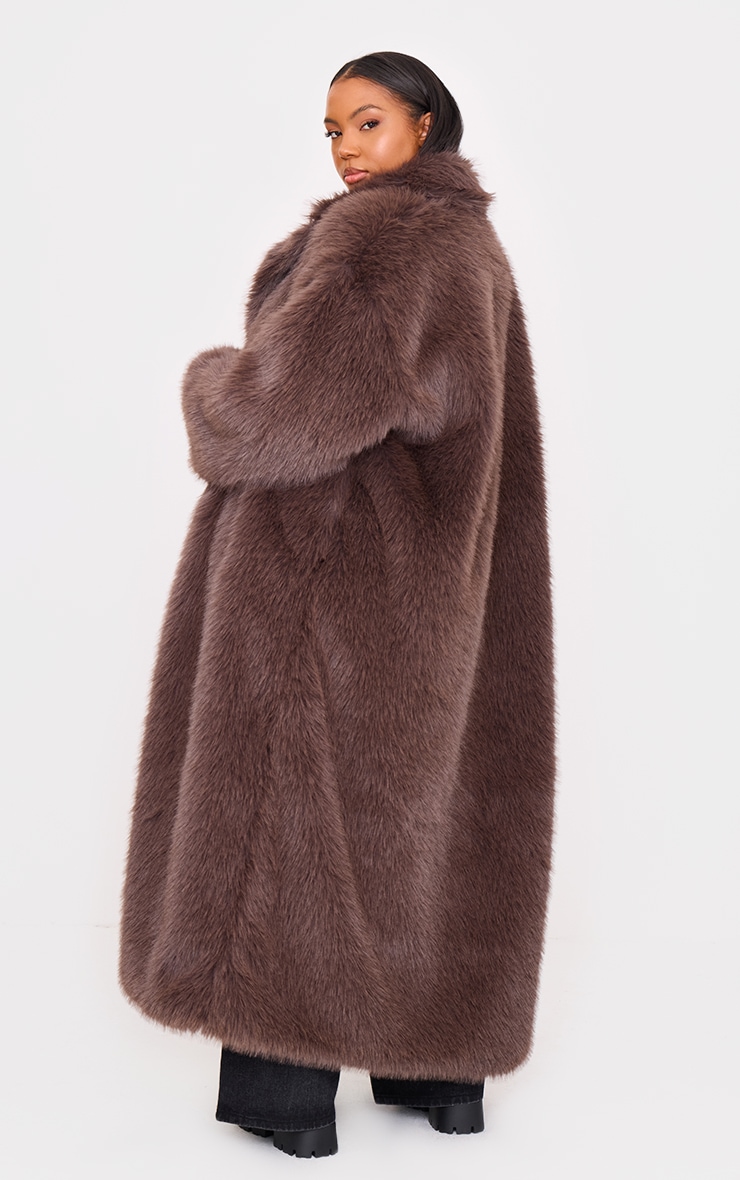 Plus Dark Brown Collar Detail Soft Faux Fur Maxi Coat image 2