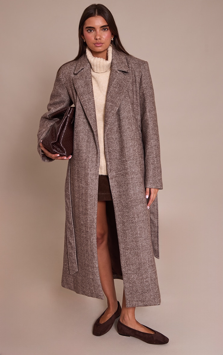 Brown Herringbone Tie Waist Maxi Coat image 1