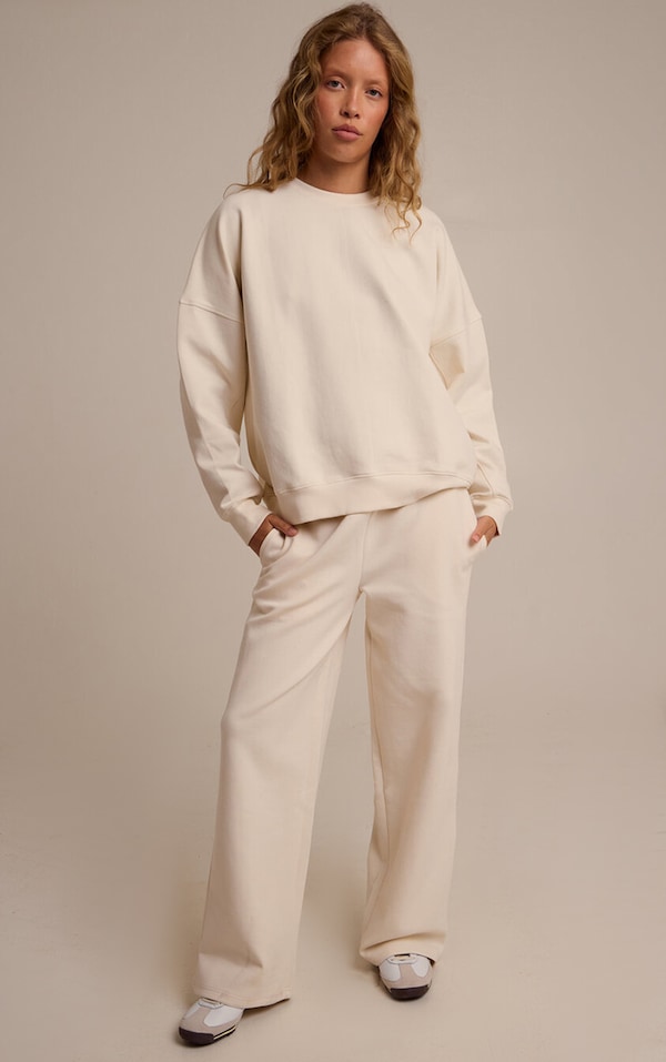 Cream 350 GSM Interlock Wide Leg Track Pants