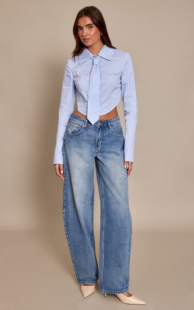 Blue Striped Tie Detail Cropped Shirt  image 3