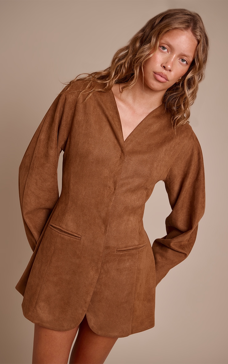 Brown Faux Suede Cocoon Sleeve Blazer Dress image 1
