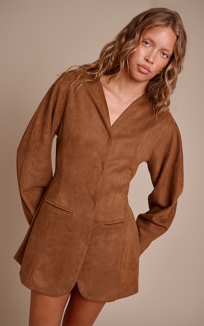 Brown Faux Suede Cocoon Sleeve Blazer Dress