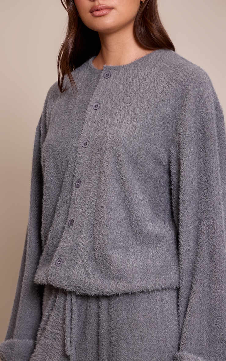 Grey Textured Button Up Long Sleeve Cardigan image 4