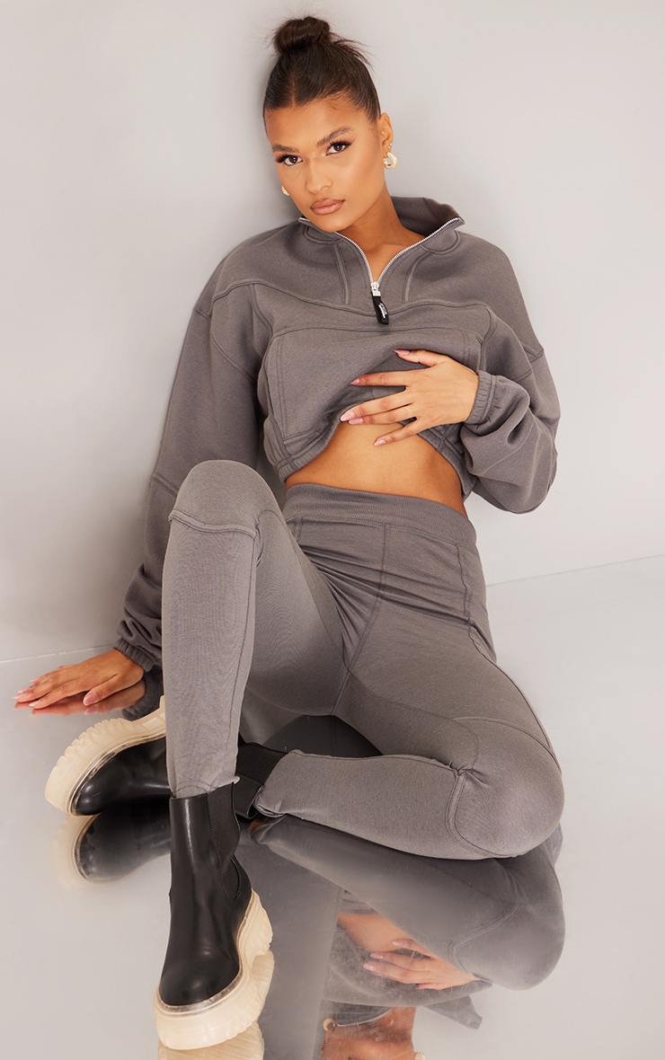 Charcoal Zip Tape Funnel Neck Oversized Cropped Sweatshirt image 1