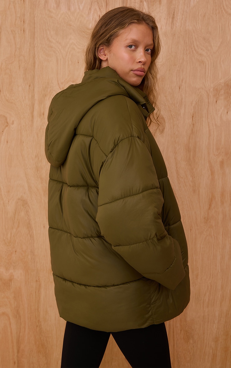 Olive Oversized Hooded Puffer Jacket image 2