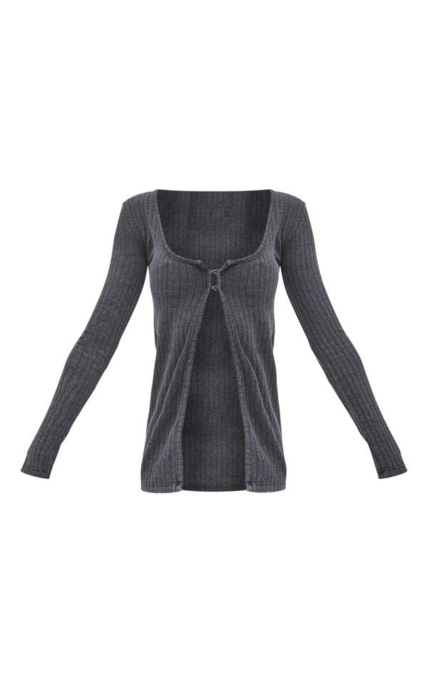 Black Washed Wide Rib Hook & Eye Cardigan PrettyLittleThing