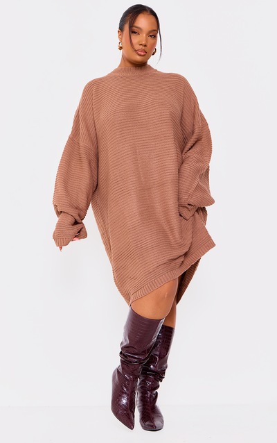 Plus Mocha Knitted High Neck Rib Jumper Dress