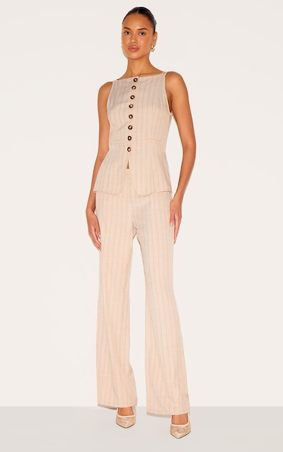 Stone Pinstripe Linen Button Down Peplum Hem Jumpsuit