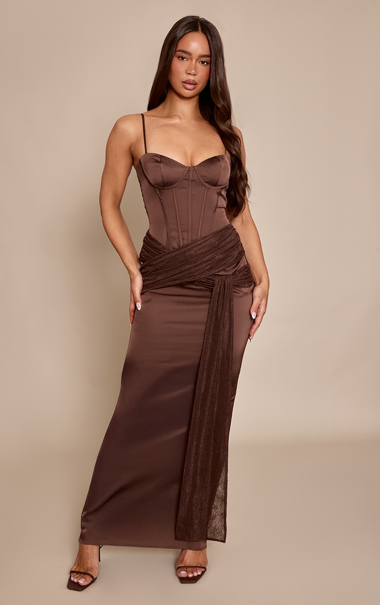 Chocolate Satin Corset Lace Wrap Detail Maxi Dress image 3