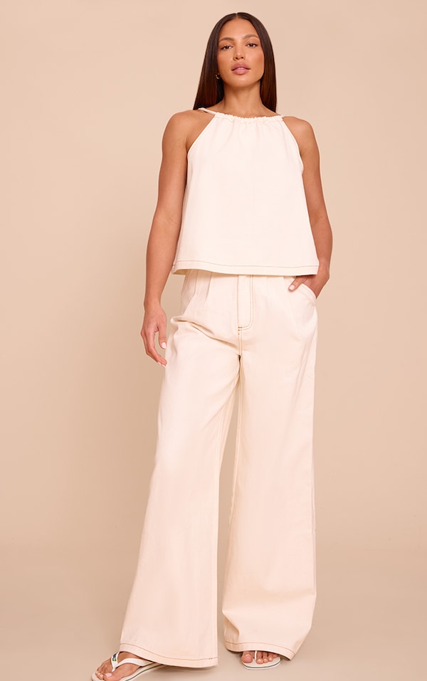 Tall Ecru Pleated Wide Leg Jeans