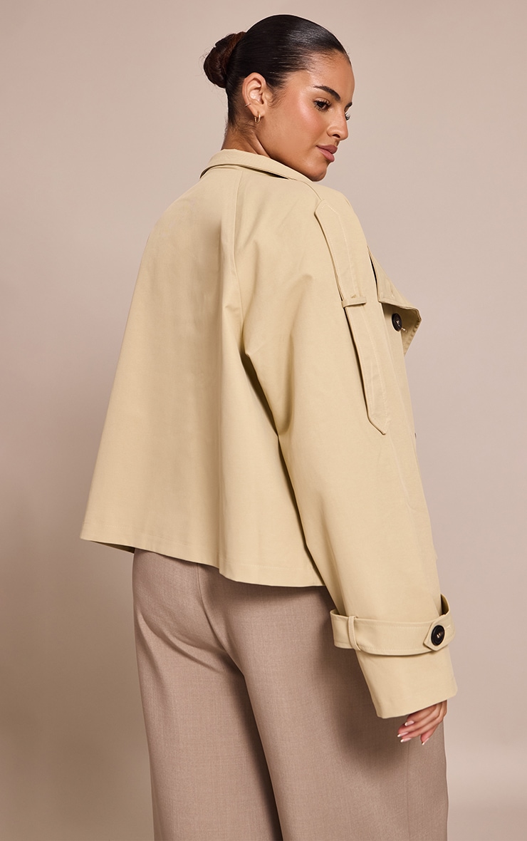 Plus Beige Double Breasted Funnel Neck Cropped Trench Coat image 2