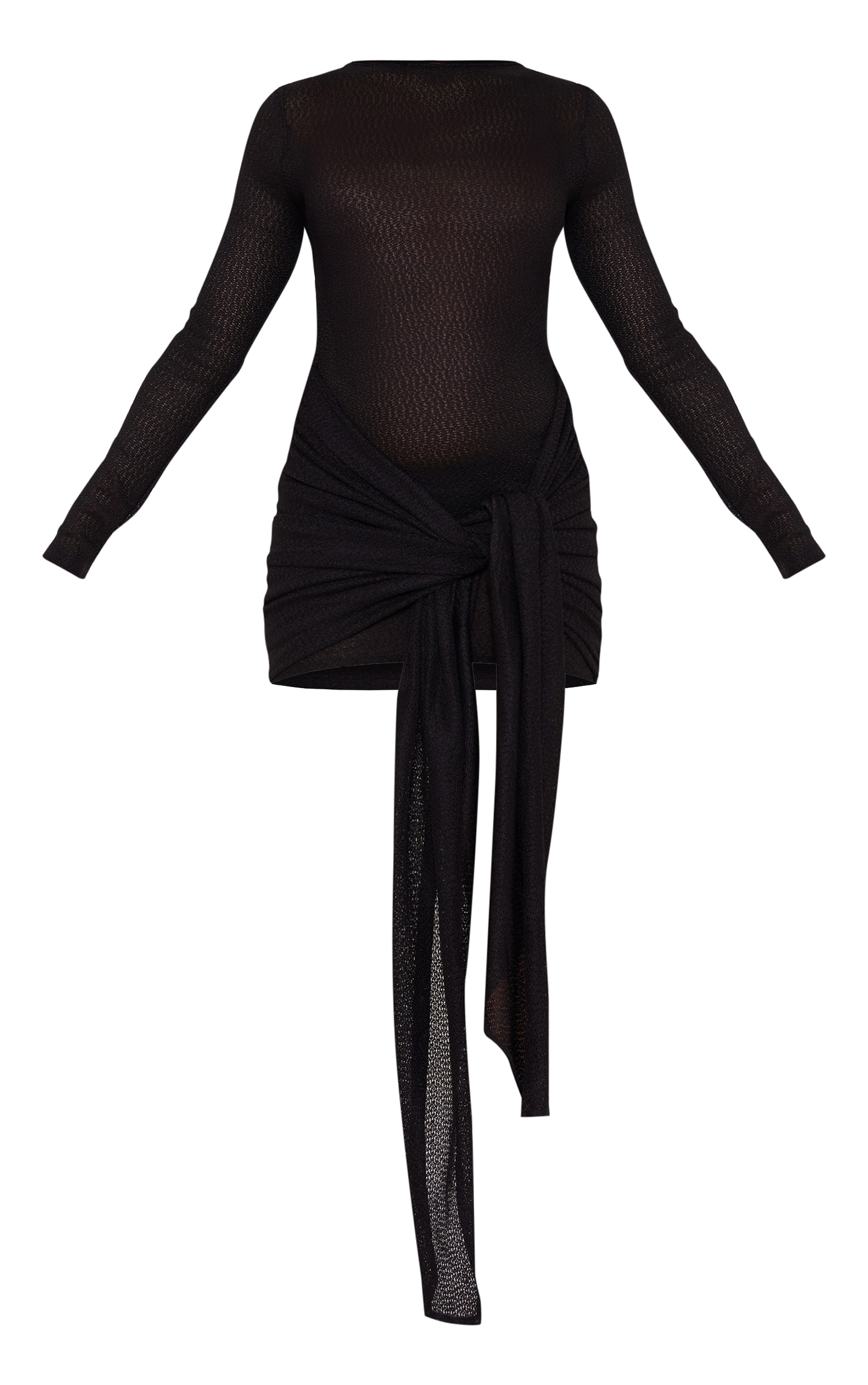 Black Textured Long Sleeve Tie Waist Mini Dress image 1