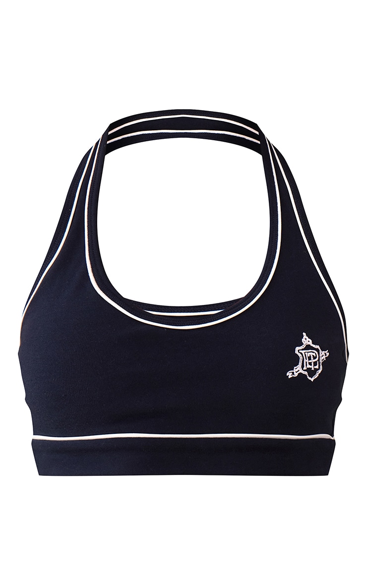 Navy Halter Neck Contrast Piping Padded Sports Bra image 5