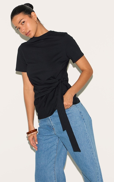 Black Cotton Tie Detail Oversized T Shirt
