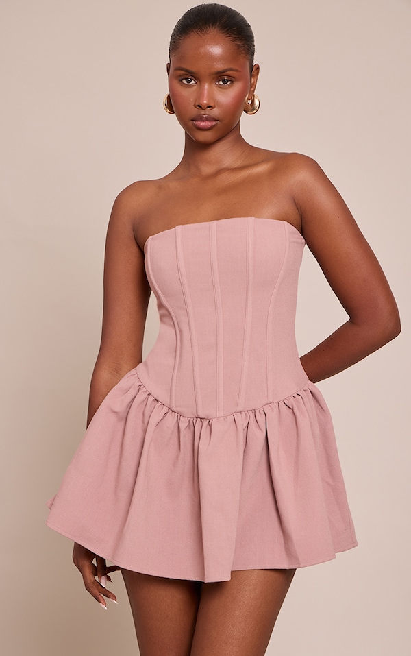 Dusty Pink Woven Bandeau Corset Frill Hem Mini Dress