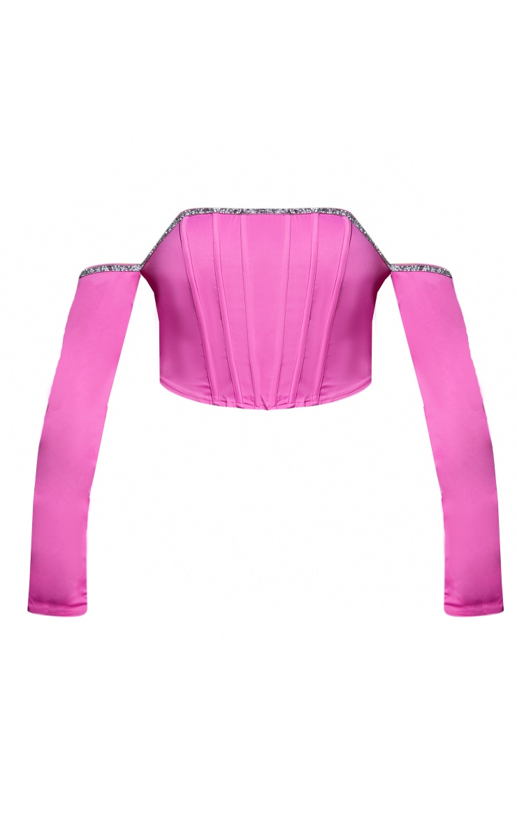 Hot Pink Woven Diamante Trim Bardot Long Sleeve Corset image 5