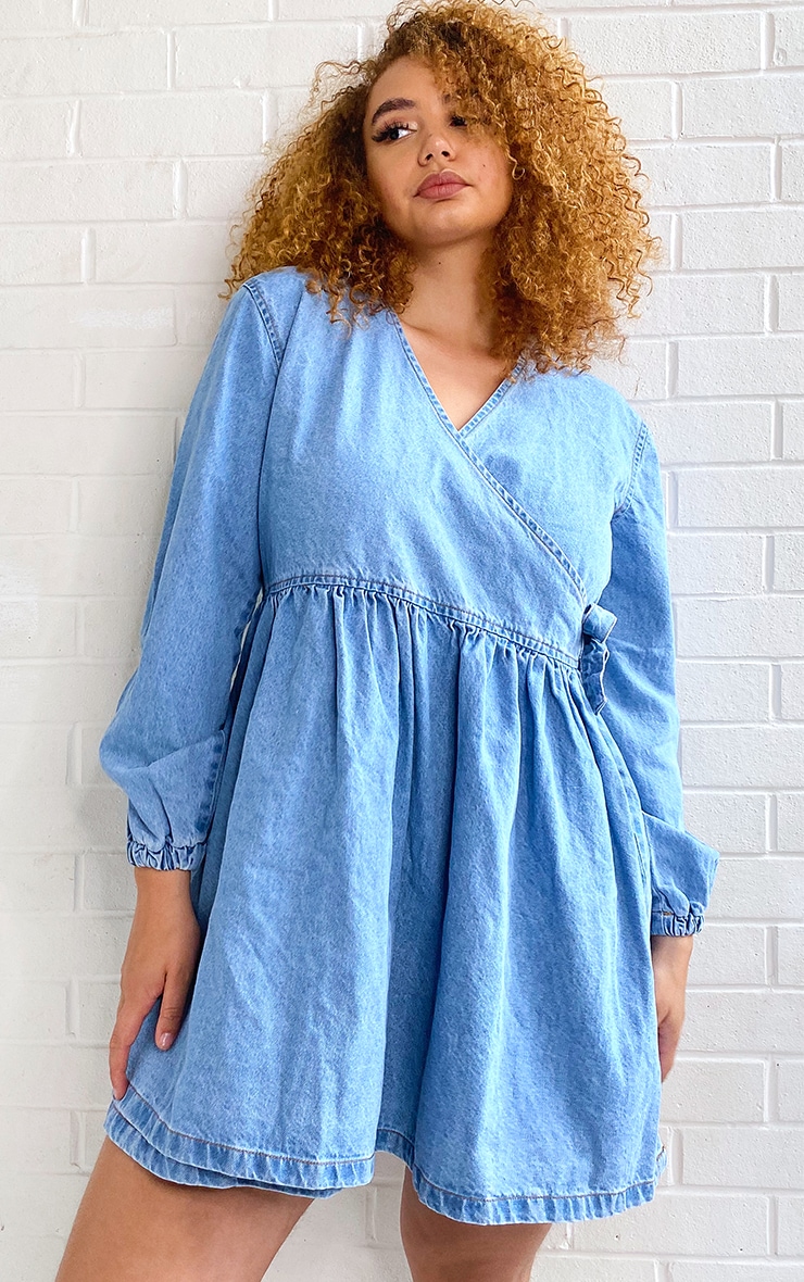 Plus Light Blue Wash Wrap Detail Denim Dress