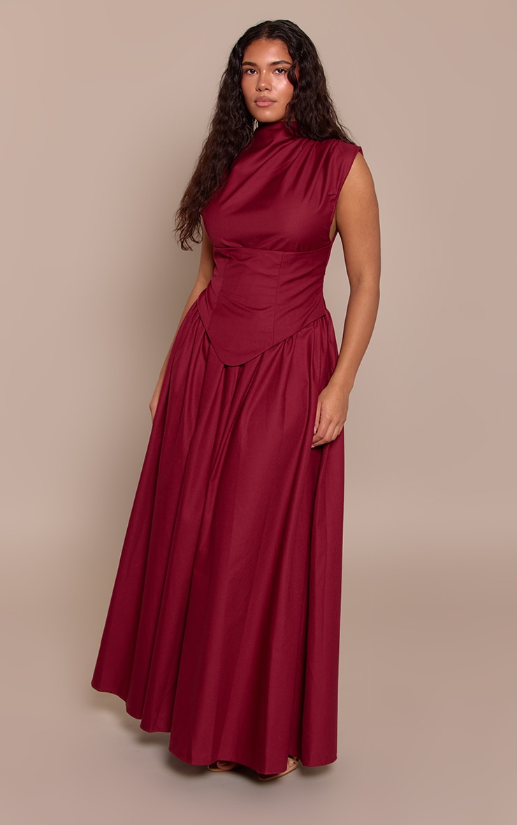 Shape Burgundy Woven High Neck Corseted Maxi Shift Dress image 3