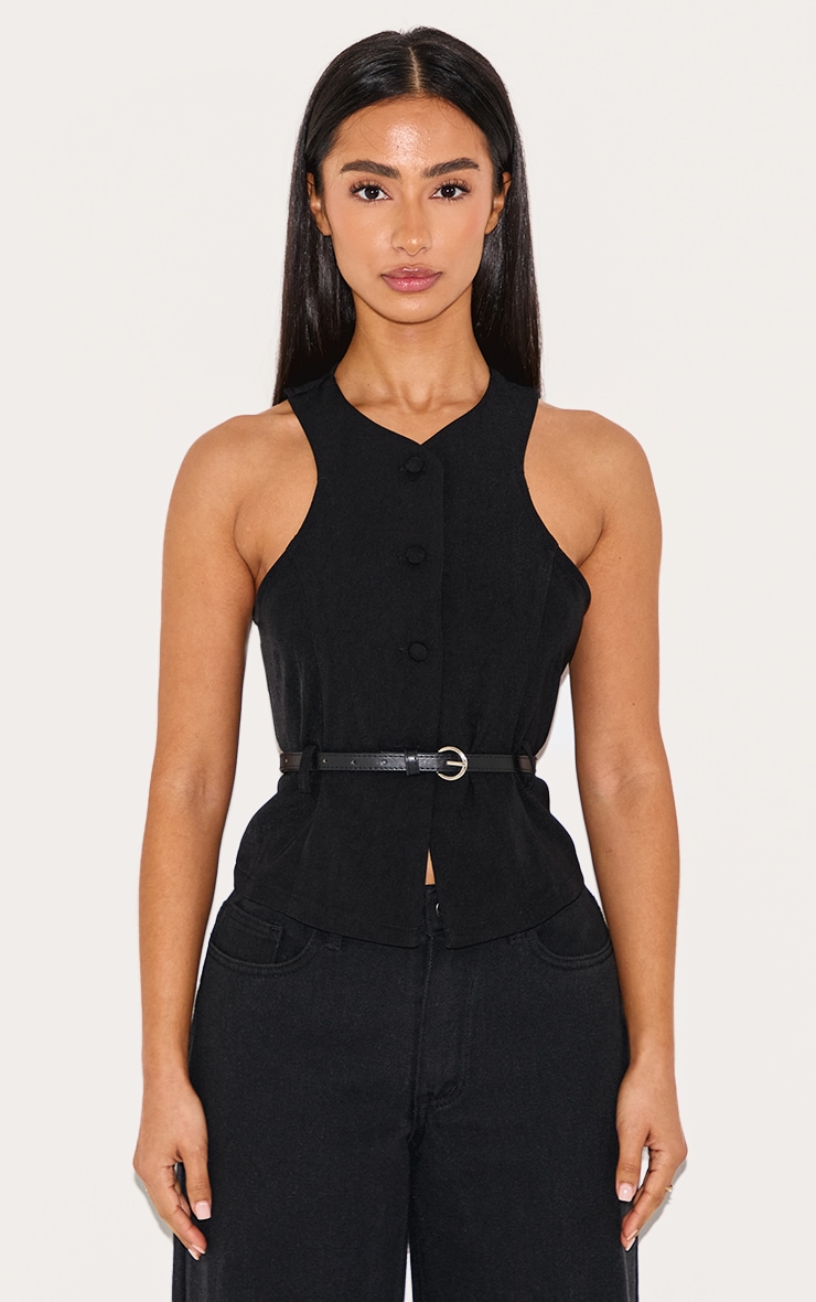 Petite Black Racer Belt Detail Longline Waistcoat