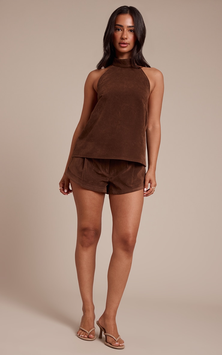 Petite Chocolate Suede Belted Mini Shorts image 4