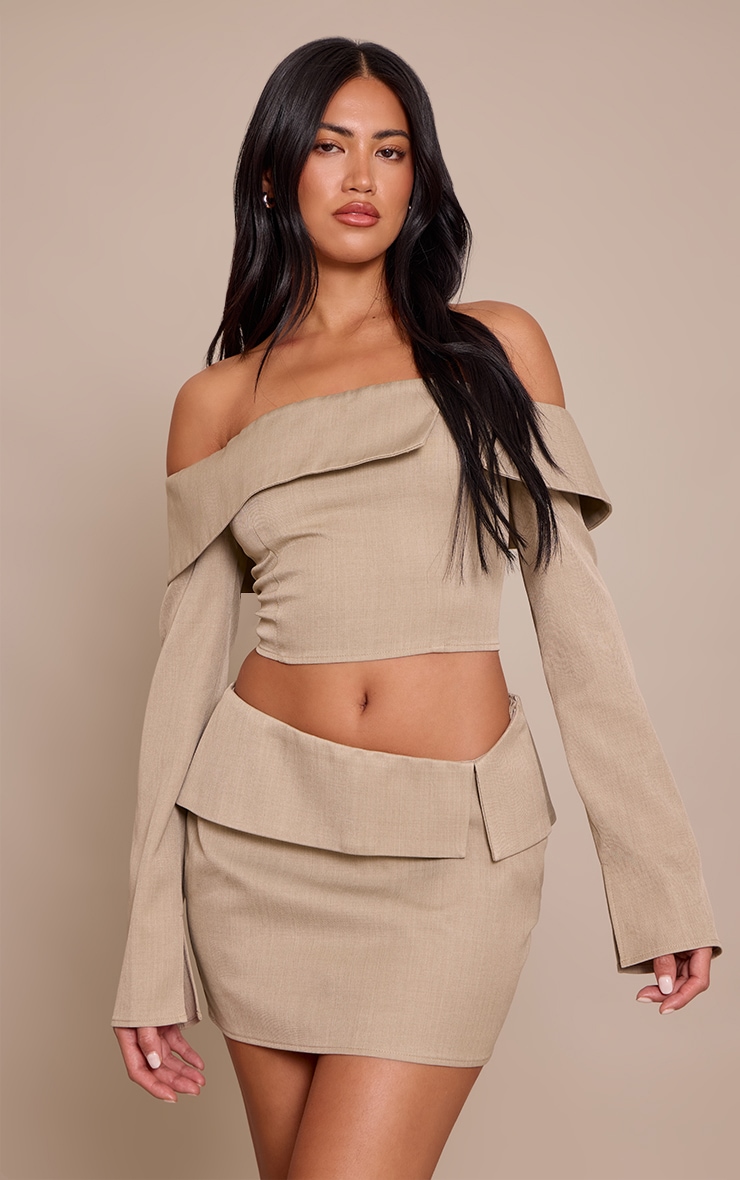 Taupe Twill Tailored Foldover Bardot Top