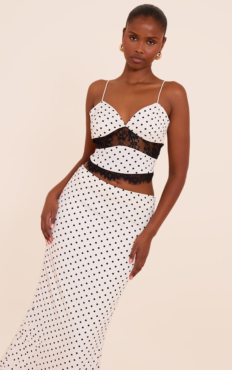 White Polka Dot Mid Rise Fishtail Maxi Skirt | Co-ords