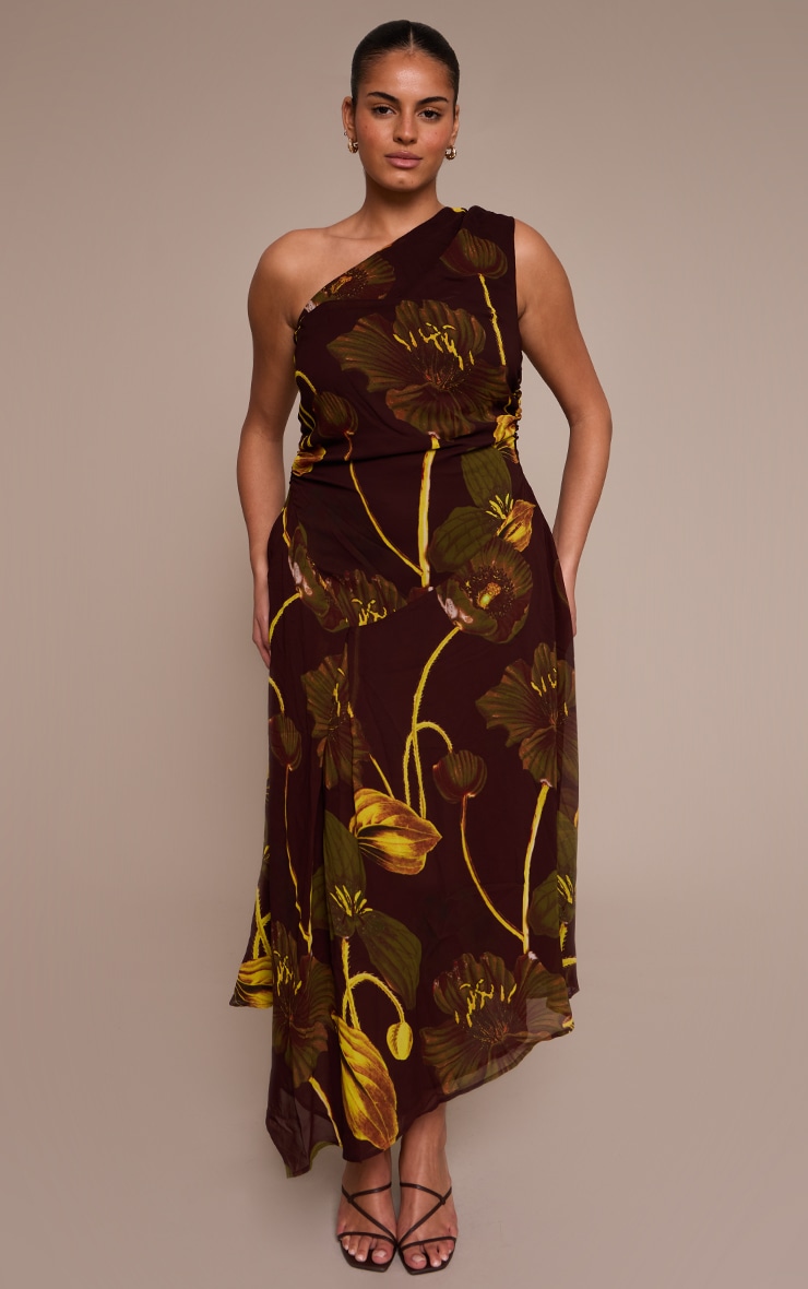 Plus Brown Floral Print Chiffon One Shoulder Maxi Dress image 1