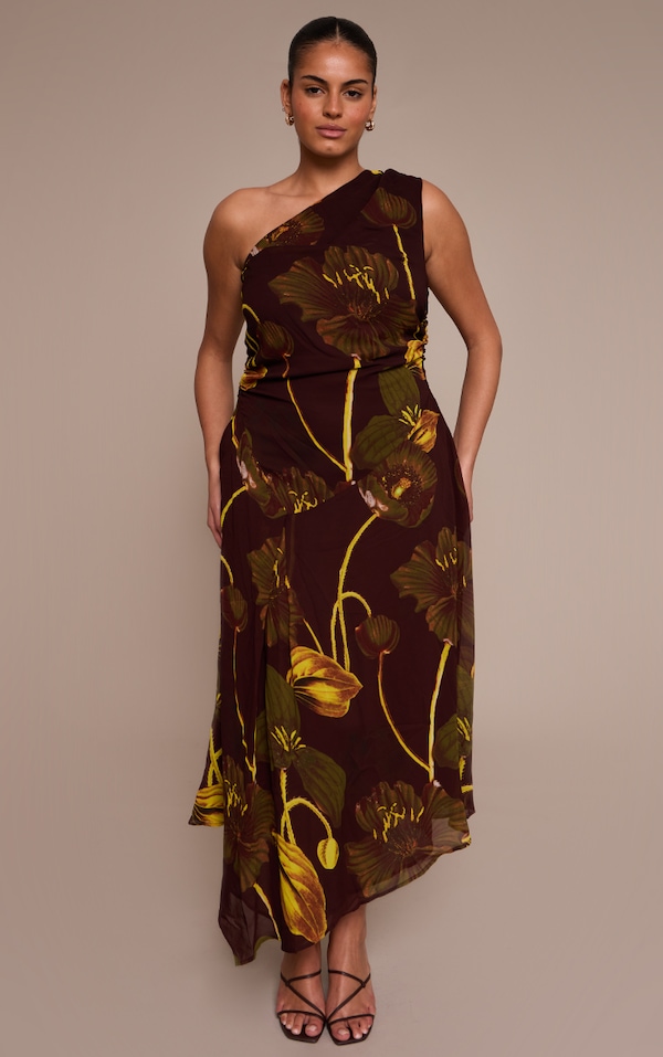 Plus Brown Floral Print Chiffon One Shoulder Maxi Dress