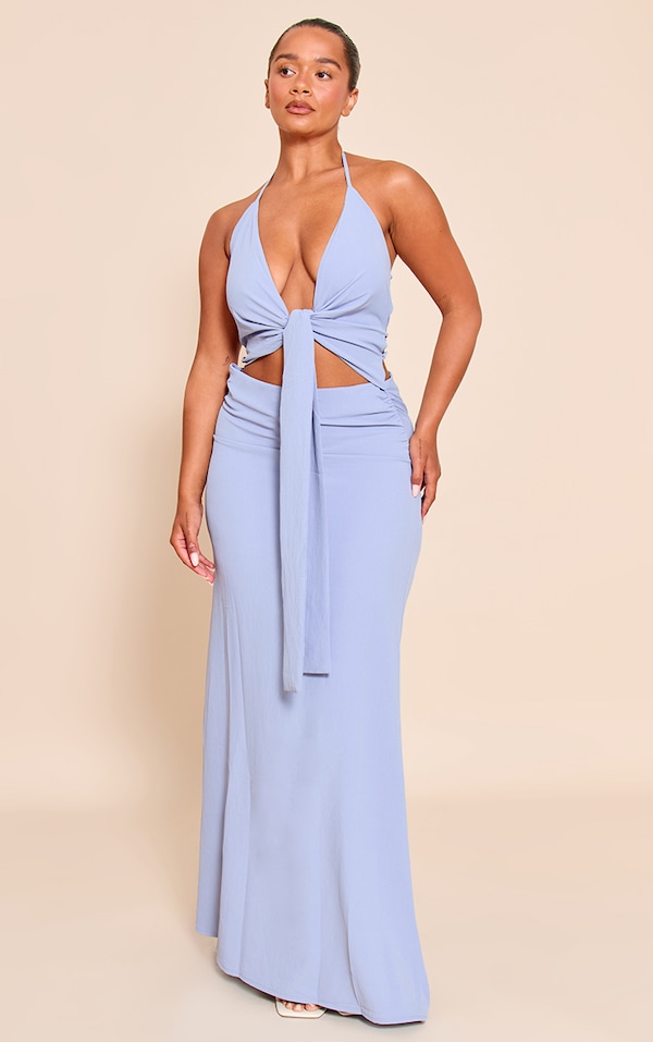 Shape Blue Hammered Satin Drape Front Halter Maxi Dress