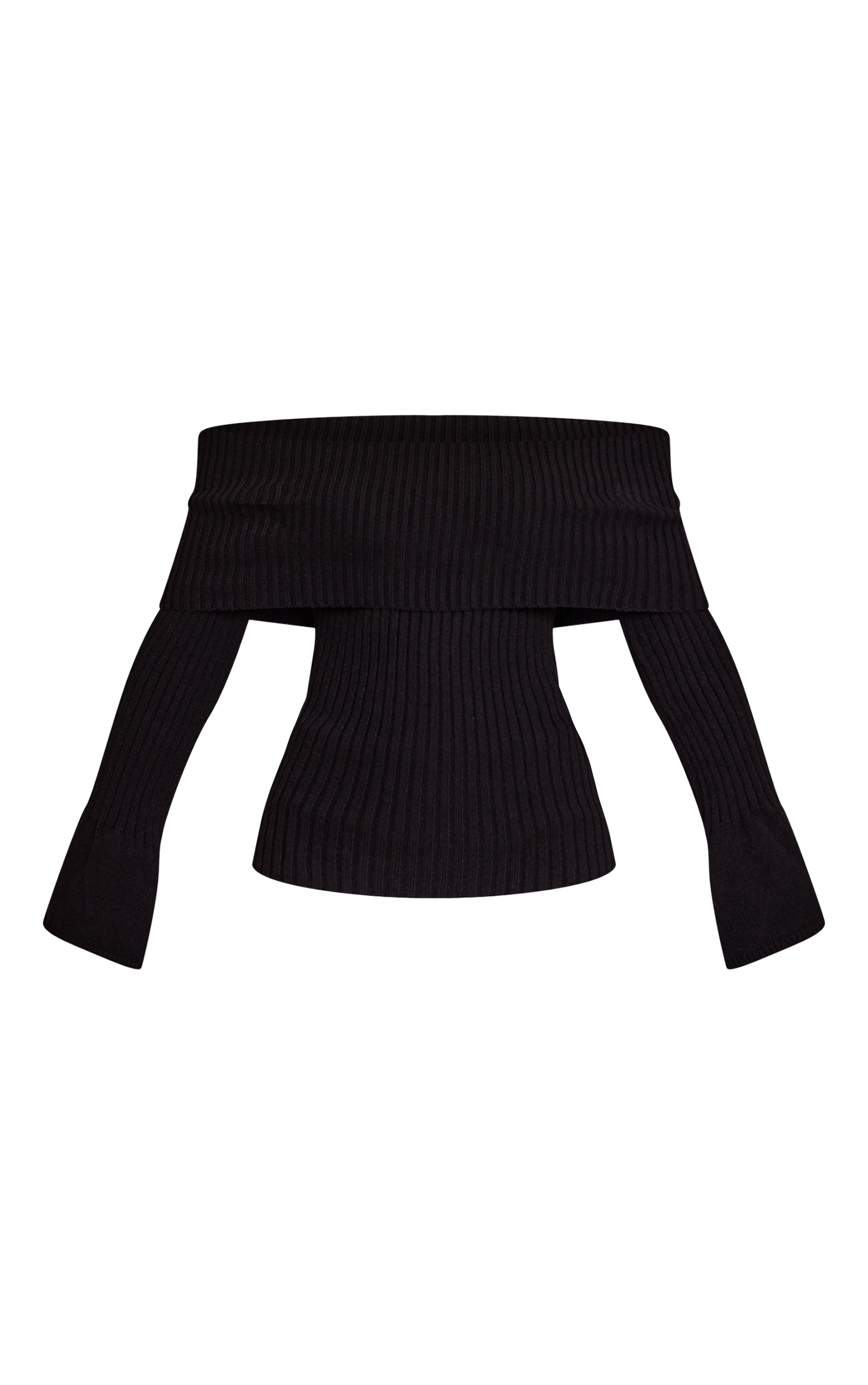 Black Ribbed Bardot Flute Sleeve Knitted Top image 5
