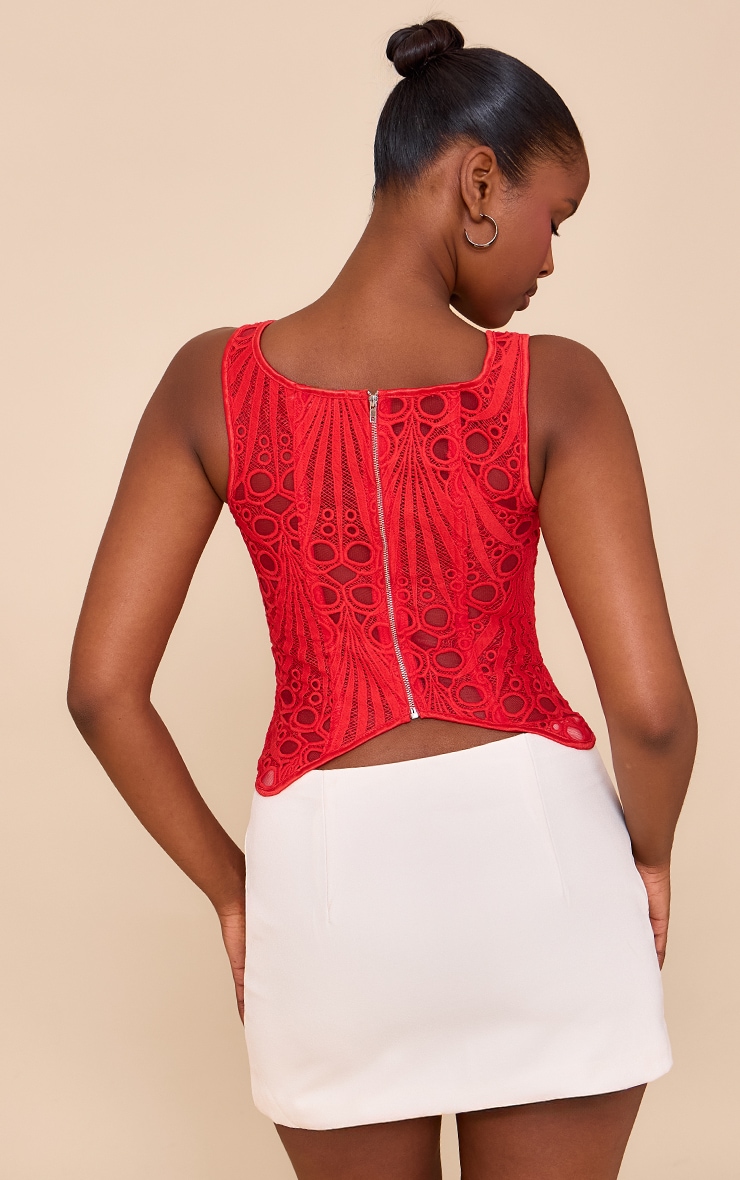 Tomato Red Textured Sheer Floral Square Neck Corset image 2