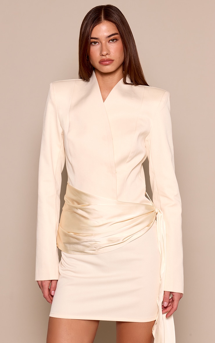 Almond Woven Collarless Satin Drape Blazer image 1