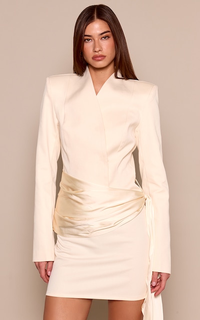 Almond Woven Collarless Satin Drape Blazer