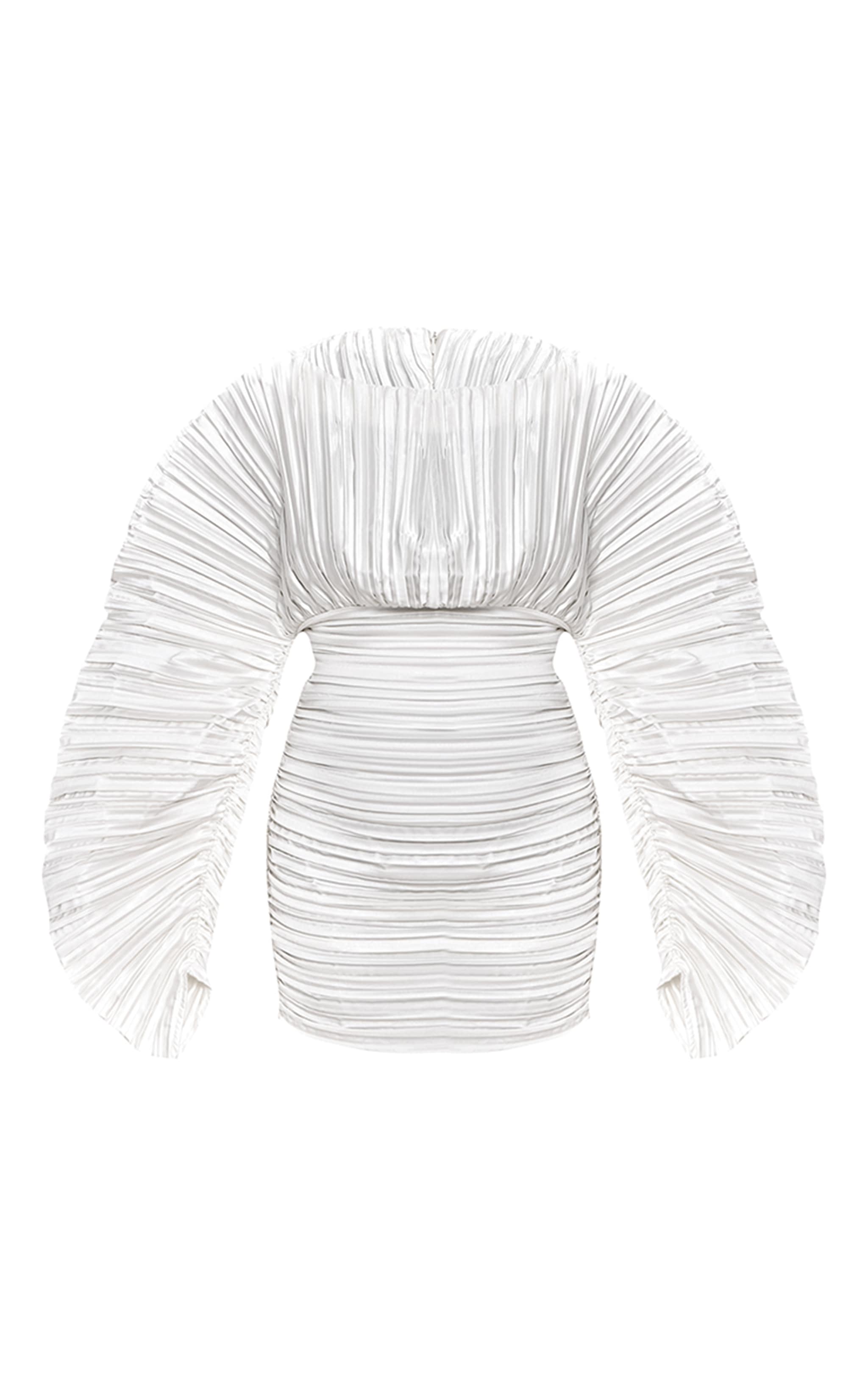 PLT Label Ivory Plisse Satin Batwing Long Sleeve Bodycon Dress image 6