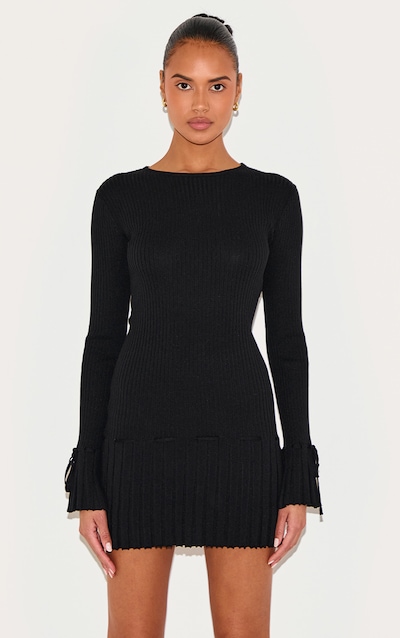 Black Rib Knit Pleated Tie Detail Long Sleeve Mini Dress