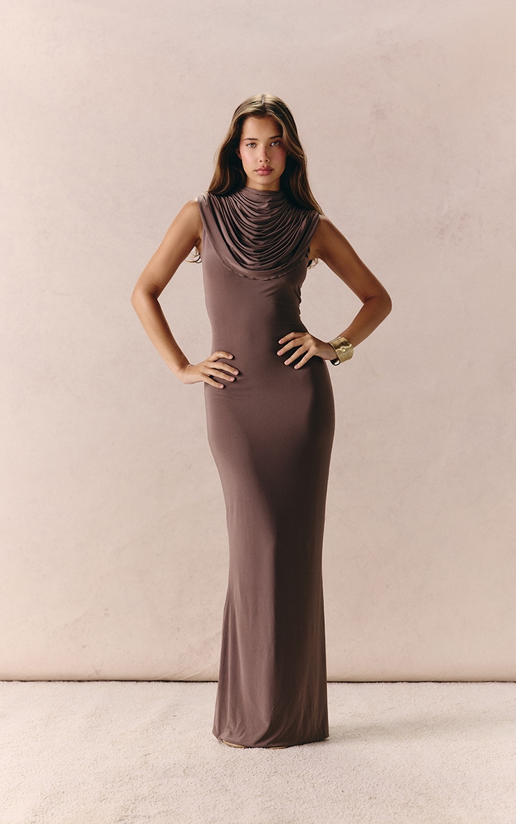 Taupe Slinky Draped Neck Maxi Dress image 4