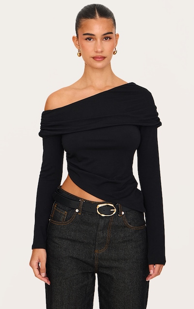 Top manches longues en jersey noir à contours et col bardot replié